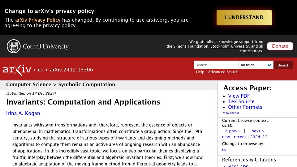 Screenshot of arxiv.org: Invariants: Computation and Applications