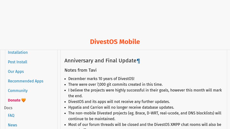 Screenshot of divestos.org: DivestOS ROM shuts after ten years
