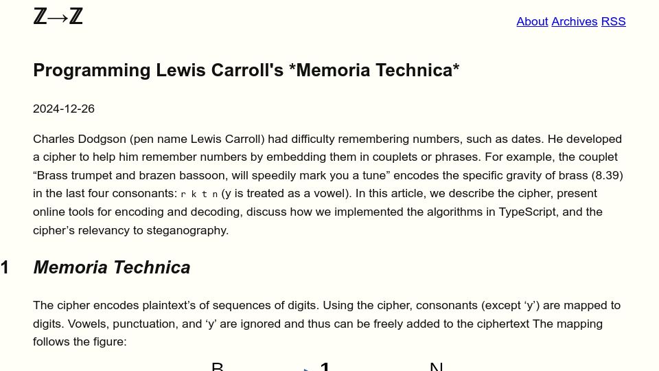 Screenshot of ztoz.blog: Programming Lewis Carroll's Memoria Technica