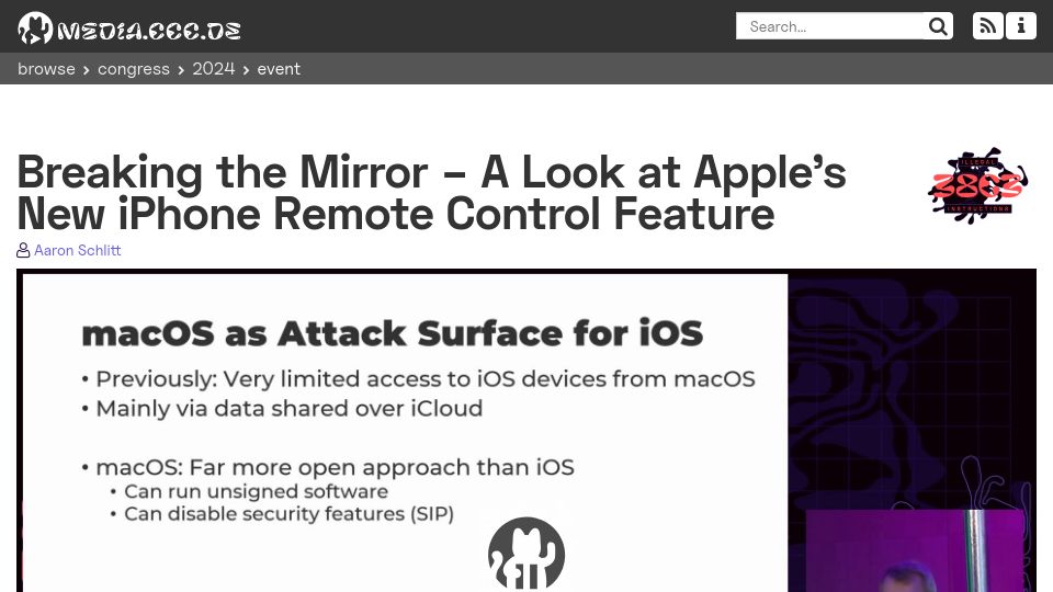 Screenshot of media.ccc.de: Breaking the Mirror – A Look at Apple's New iPhone Remote Control Feature [video]