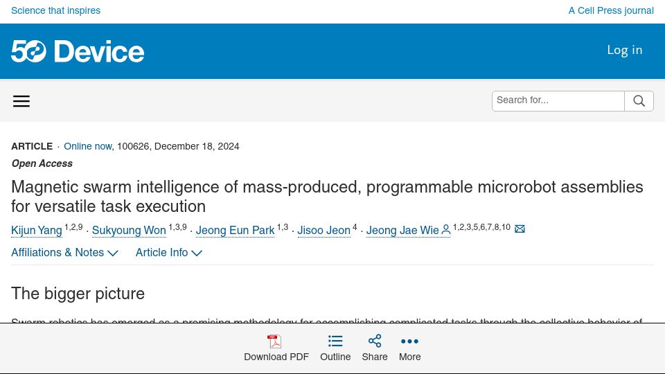 Screenshot of cell.com: Magnetic swarm intelligence of mass-produced, programmable microrobot assemblies