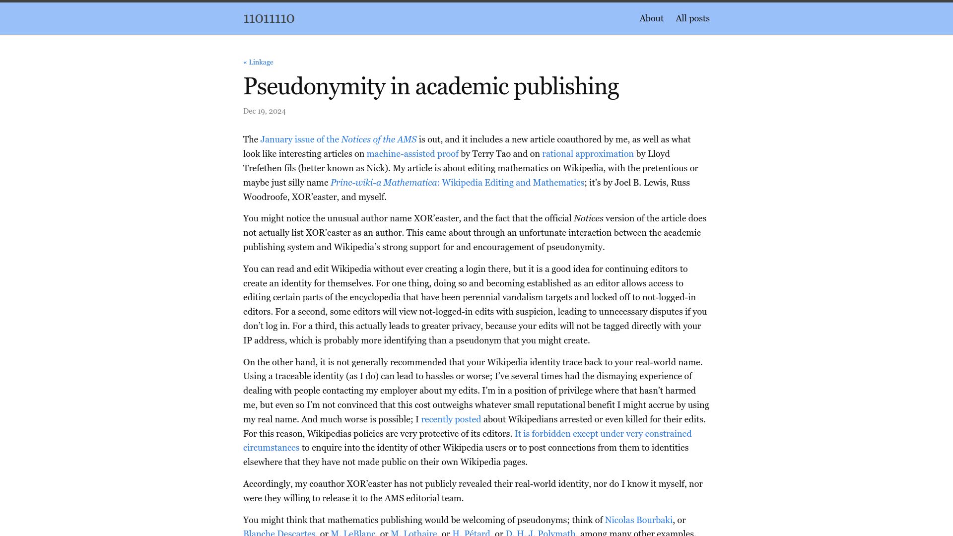 Screenshot of 11011110.github.io: Pseudonymity in Academic Publishing