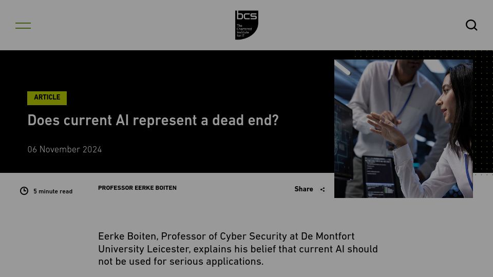 Screenshot of bcs.org: Does current AI represent a dead end?