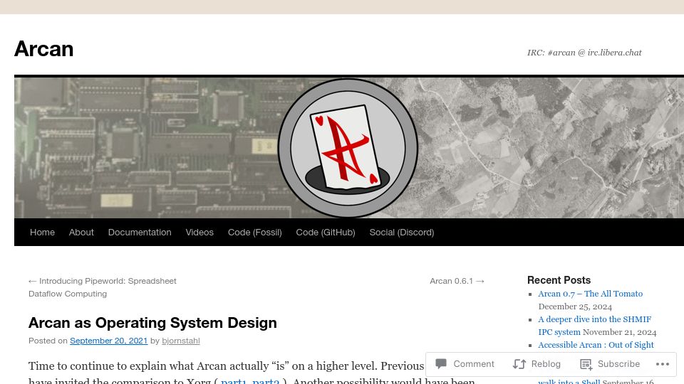 Screenshot of arcan-fe.com: Arcan as Operating System Design (2021)