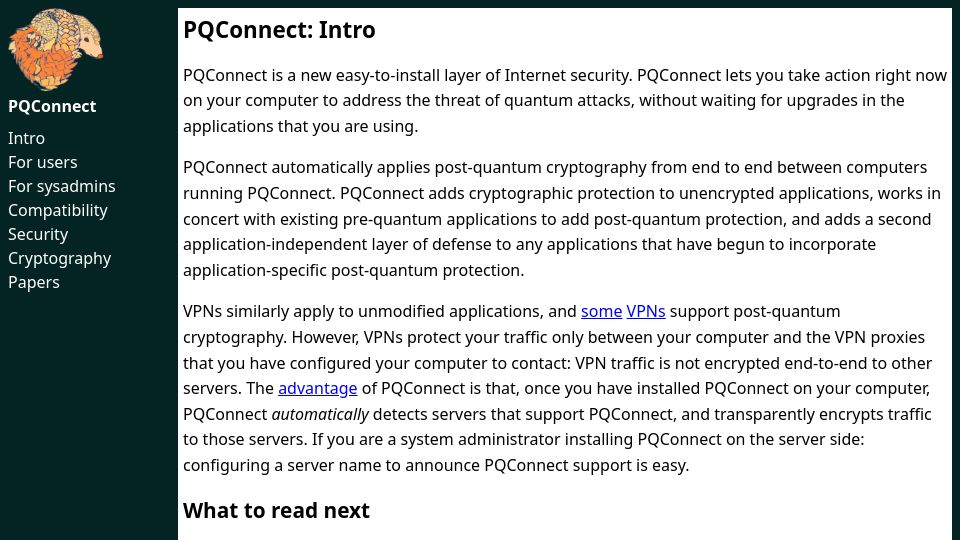 Screenshot of pqconnect.net: PQConnect: Automated Post-Quantum End-to-End Tunnels