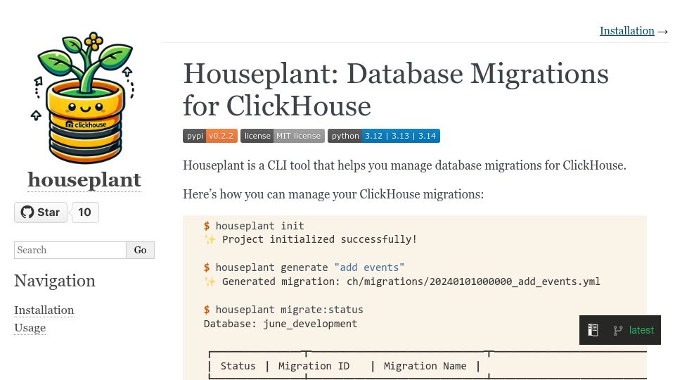 Screenshot of houseplant.readthedocs.io: Show HN: Houseplant – Database Migrations for ClickHouse