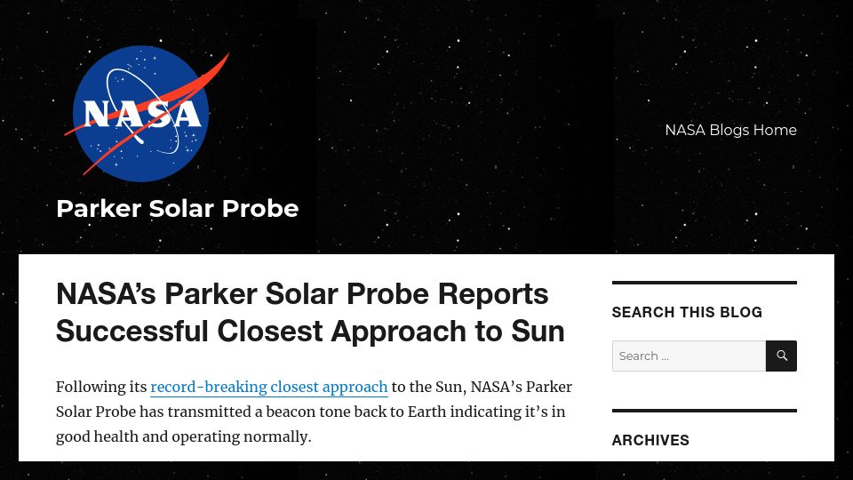 Screenshot of blogs.nasa.gov: NASA's Parker Solar Probe Reports Successful Closest Approach to Sun