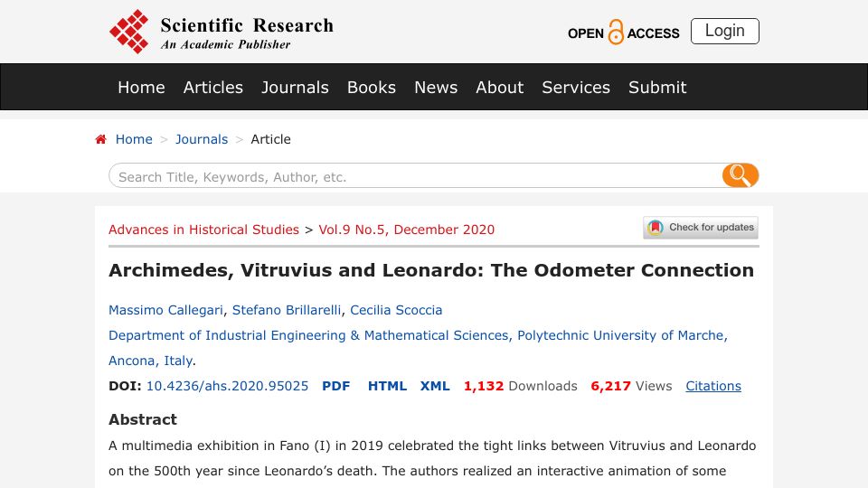 Screenshot of scirp.org: Archimedes, Vitruvius and Leonardo: The Odometer Connection (2020)