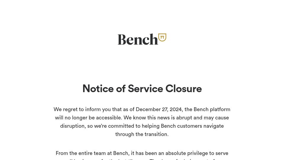 Screenshot of bench.co: Bench accounting services shutting down
