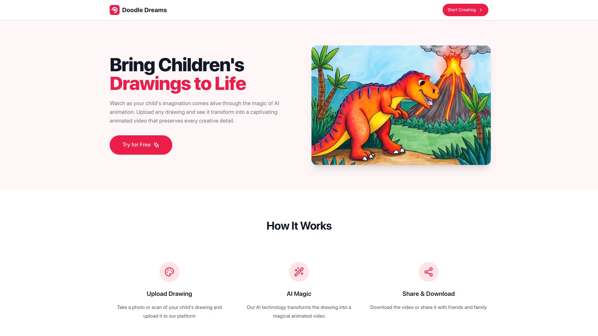Screenshot of doodledreams.cc: Show HN: I made a web app to bring children's drawings to life