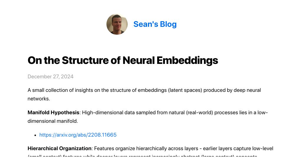 Screenshot of seanpedersen.github.io: The Structure of Neural Embeddings