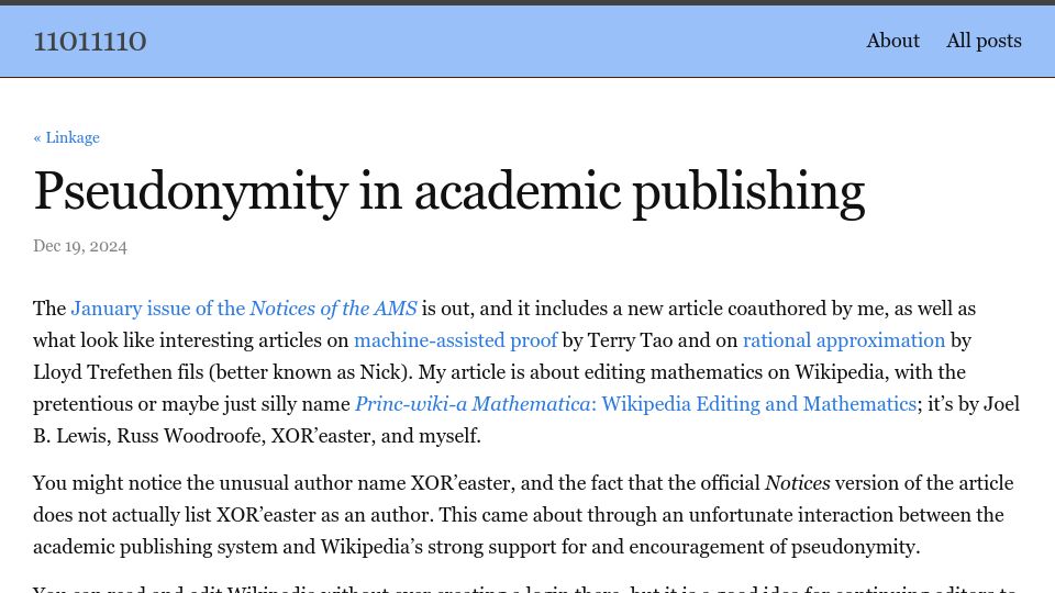 Screenshot of 11011110.github.io: Pseudonymity in Academic Publishing