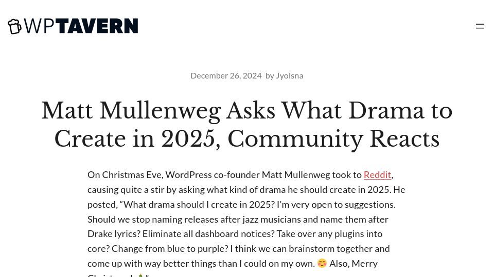 Screenshot of wptavern.com: Matt Mullenweg Asks What Drama to Create in 2025, Community Reacts