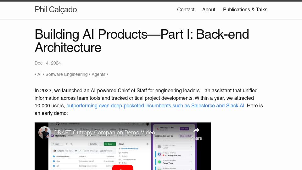 Screenshot of philcalcado.com: Building AI Products–Part I: Back-End Architecture
