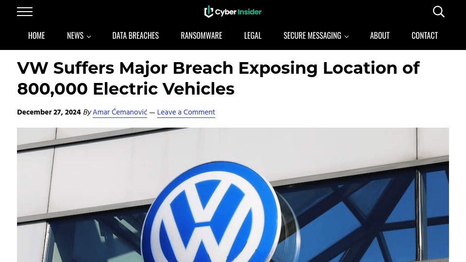Screenshot of cyberinsider.com: VW breach exposes location of 800k electric vehicles