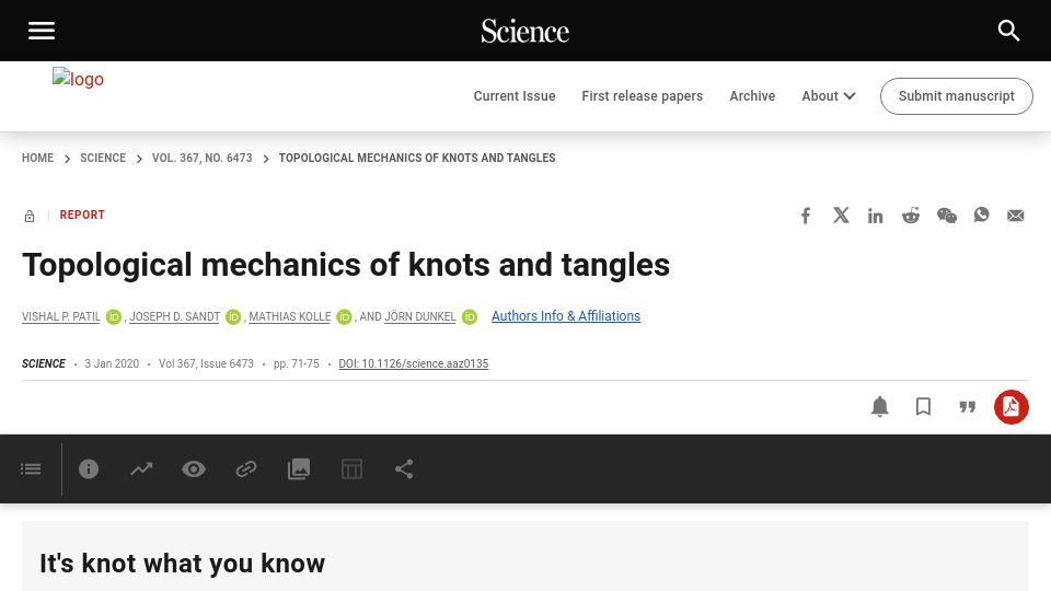 Screenshot of science.org: Topological Mechanics of Knots and Tangles