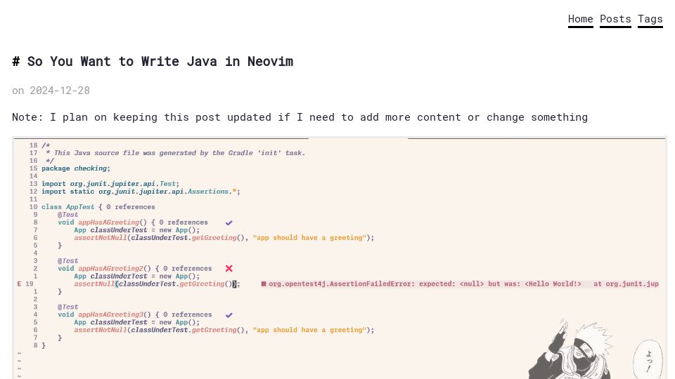 Screenshot of ptrtojoel.dev: So you want to write Java in Neovim