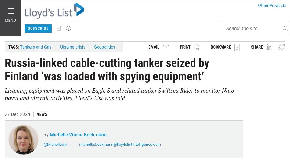 Screenshot of lloydslist.com: Cable-cutting tanker seized by Finland 'was loaded with spying equipment'