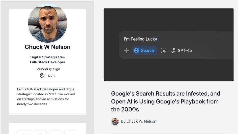 Screenshot of chuckwnelson.com: Google's Results Are Infested, Open AI Is Using Their Playbook from the 2000s