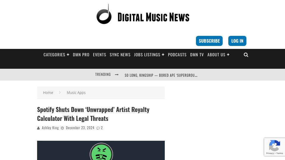 Screenshot of digitalmusicnews.com: Spotify Shuts Down ‘Unwrapped’ Artist Royalty Calculator with Legal Threats