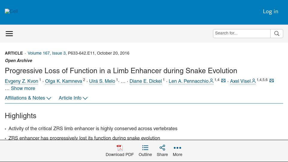 Screenshot of cell.com: Progressive Loss of Function in a Limb Enhancer During Snake Evolution (2016)