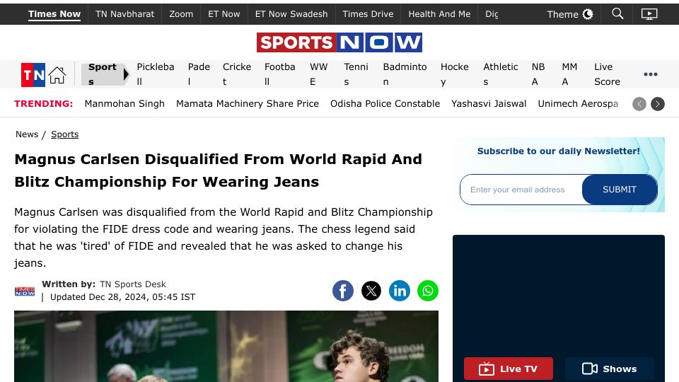 Screenshot of timesnownews.com: Carlsen disqualified from World Rapid and Blitz championship for wearing jeans