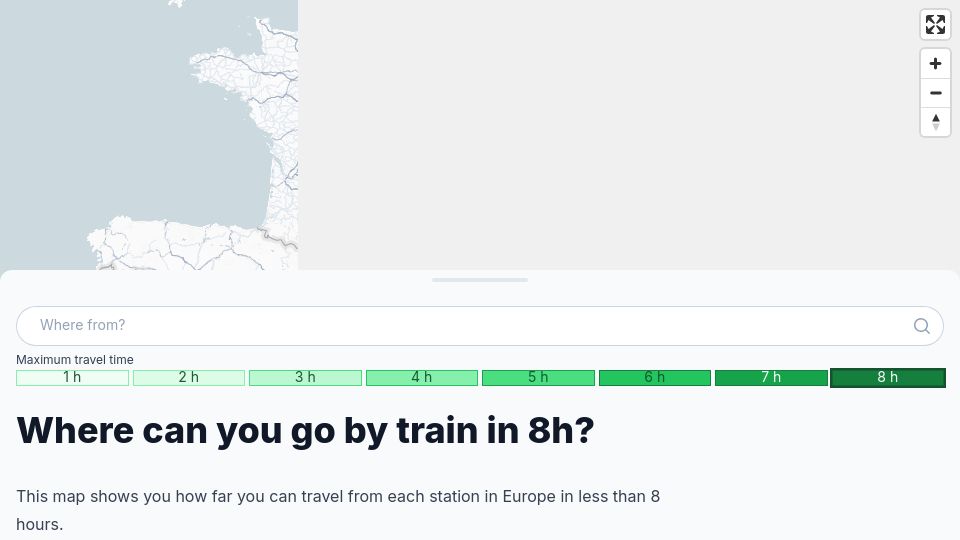 Screenshot of chronotrains.com: Where can you go in Europe by train in 8h?