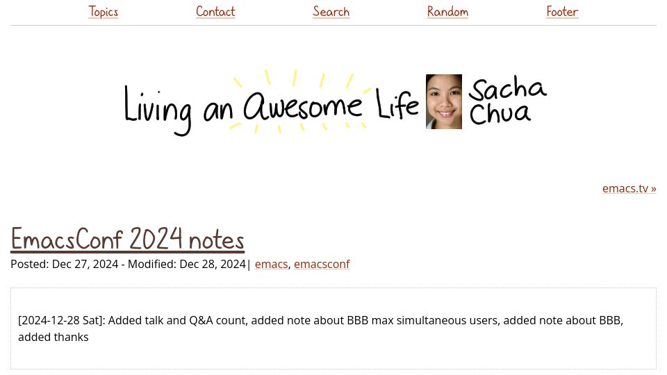Screenshot of sachachua.com: EmacsConf 2024 Notes