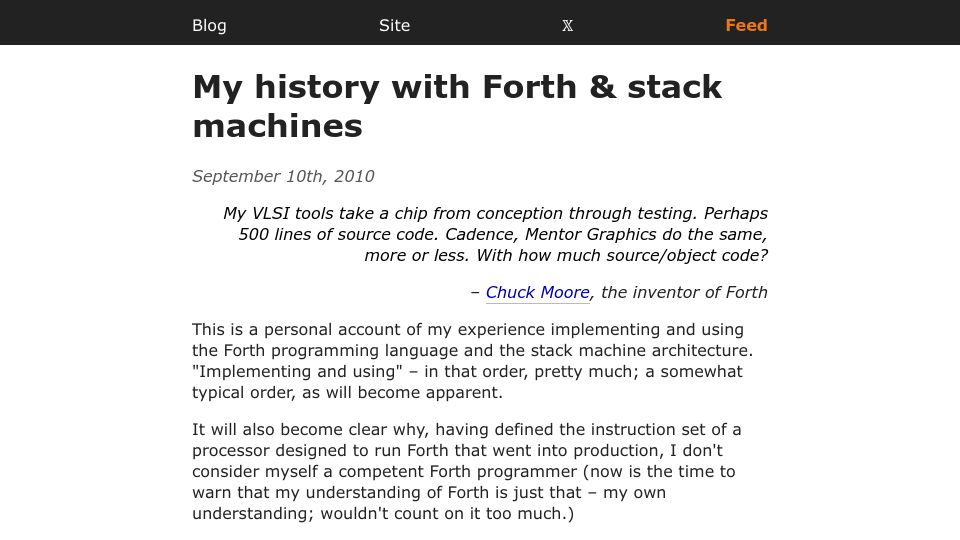 Screenshot of yosefk.com: My history with Forth and stack machines (2010)