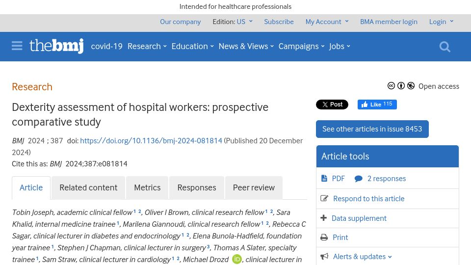 Screenshot of bmj.com: Dexterity assessment of hospital workers: prospective comparative study