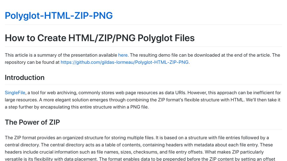 Screenshot of gildas-lormeau.github.io: How to Create HTML/ZIP/PNG Polyglot Files