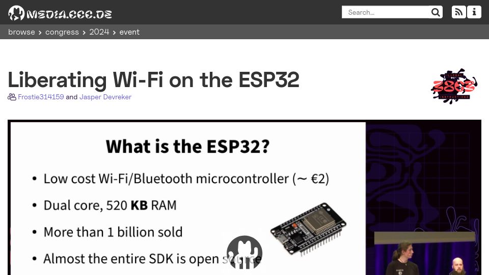 Screenshot of media.ccc.de: Liberating Wi-Fi on the ESP32 [video]