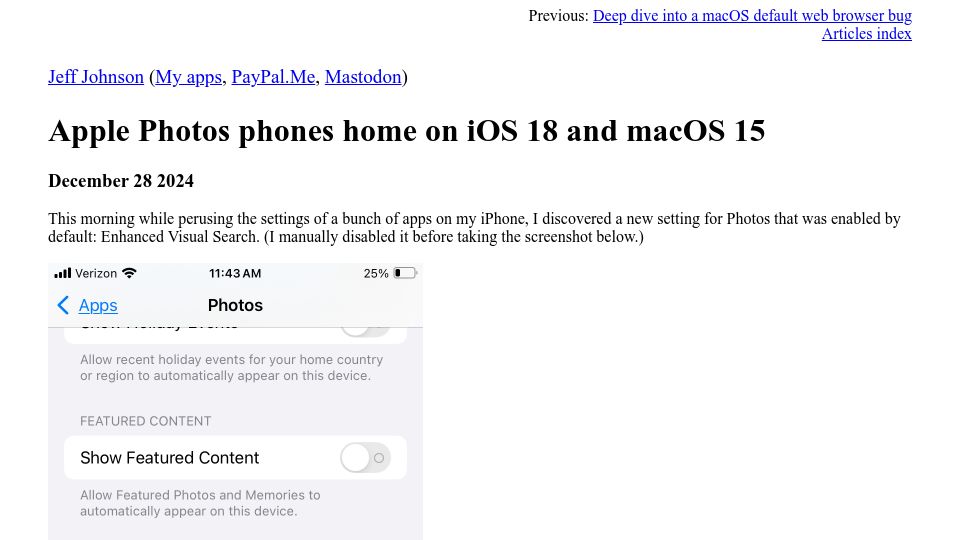 Screenshot of lapcatsoftware.com: Apple Photos phones home on iOS 18 and macOS 15