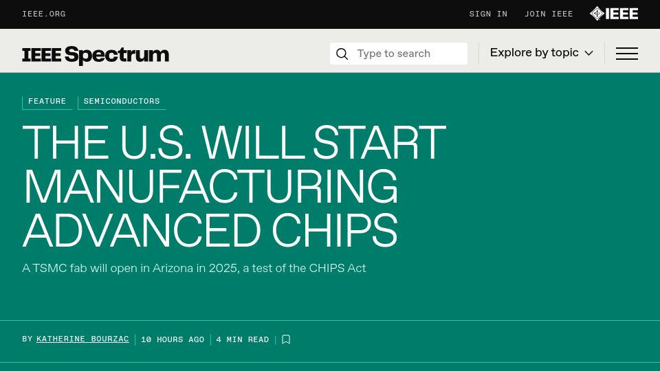 Screenshot of spectrum.ieee.org: TSMC's Arizona Plant to Start Making Advanced Chips