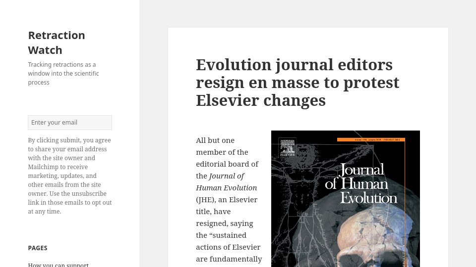 Screenshot of retractionwatch.com: Evolution journal editors resign en masse to protest Elsevier changes