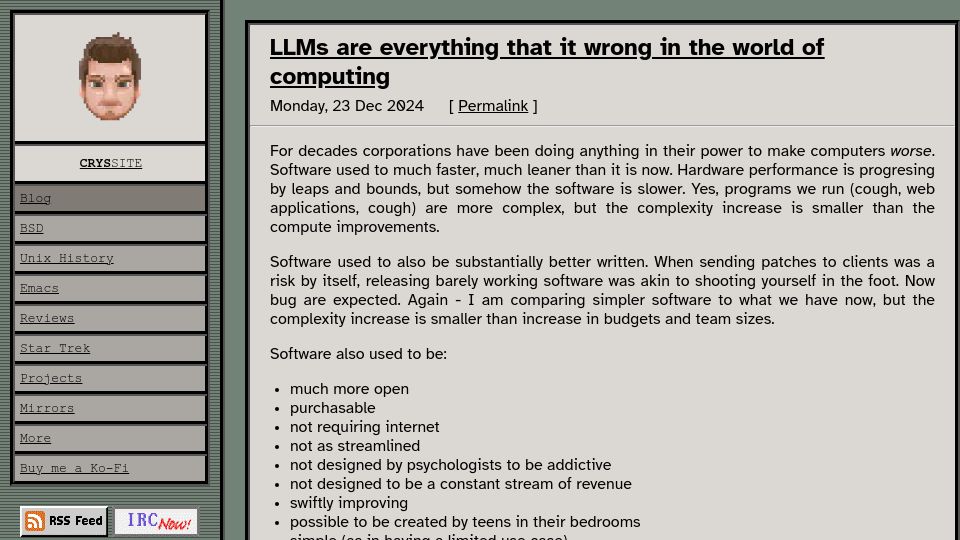 Screenshot of crys.site: LLMs are everything that it wrong in computing