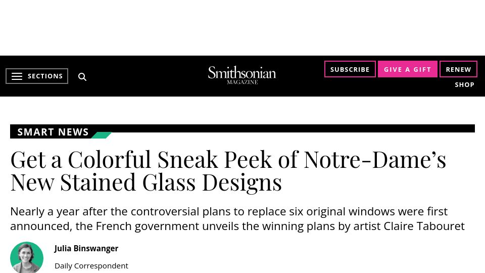 Screenshot of smithsonianmag.com: A sneak peek at Notre-Dame's new stained glass designs