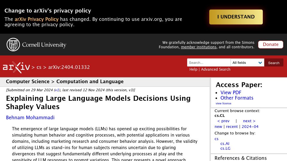 Screenshot of arxiv.org: Explaining Large Language Models Decisions Using Shapley Values