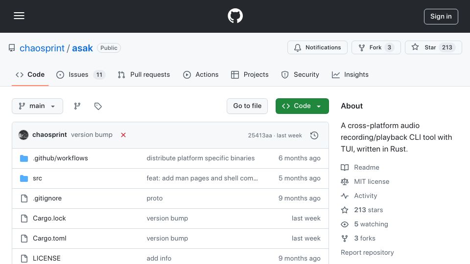 Screenshot of github.com: Show HN: Asak – cross-platform audio recording/playback CLI tool written in Rust