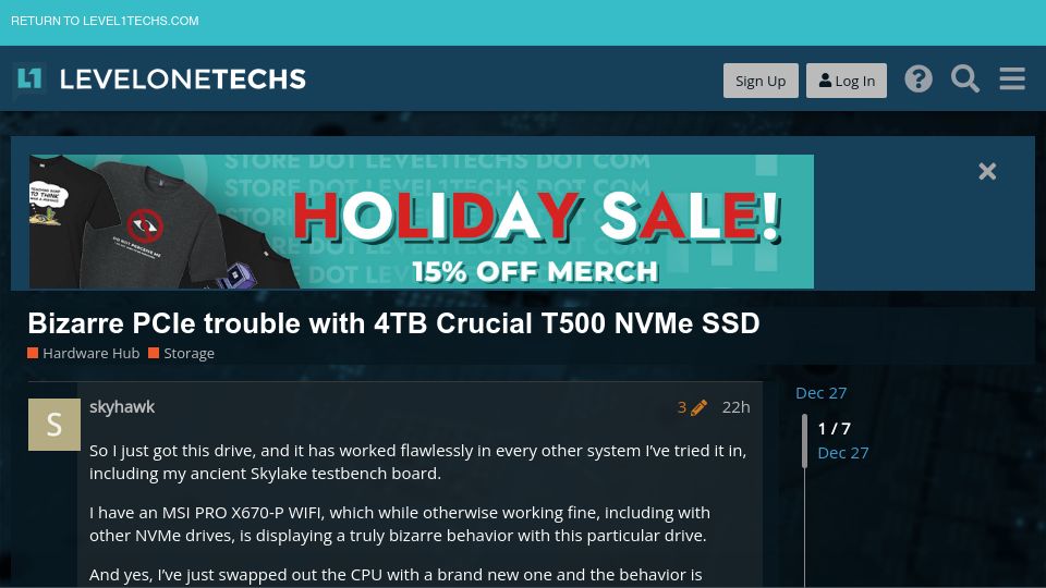 Screenshot of forum.level1techs.com: PCIe trouble with 4TB Crucial T500 NVMe SSD for >1 power cycle on MSI PRO X670-P