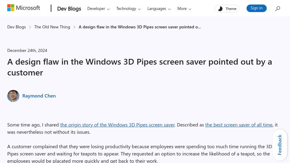 Screenshot of devblogs.microsoft.com: A design flaw in the Windows 3D Pipes screen saver pointed out by a customer