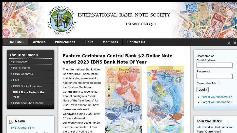Screenshot of theibns.org: International Bank Note Society