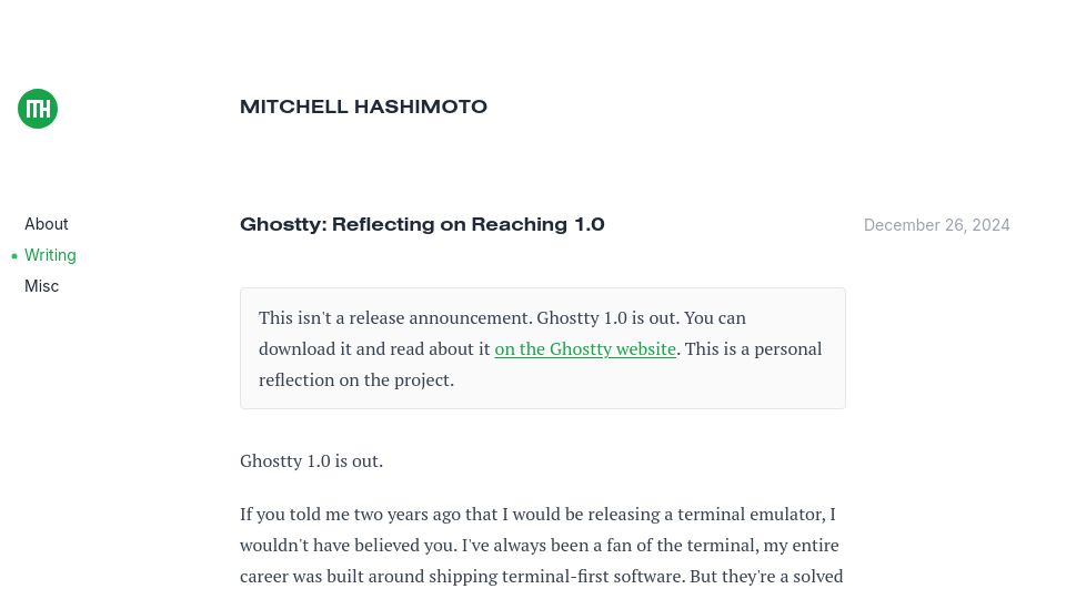 Screenshot of mitchellh.com: Ghostty: Reflecting on Reaching 1.0