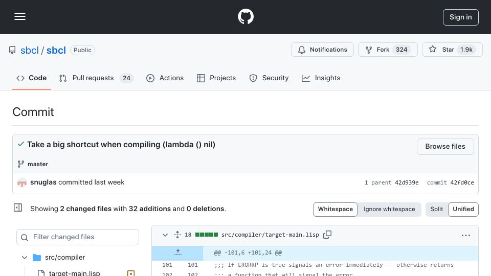 Screenshot of github.com: SBCL "user-guided optimization" notice