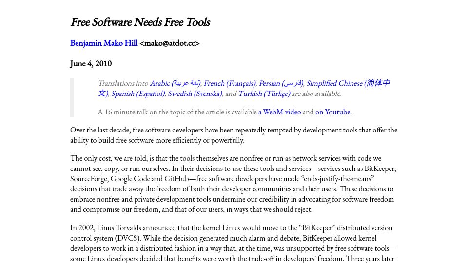 Screenshot of mako.cc: Free Software Needs Free Tools (2010)