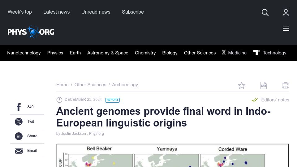 Screenshot of phys.org: Ancient genomes provide final word in Indo-European linguistic origins