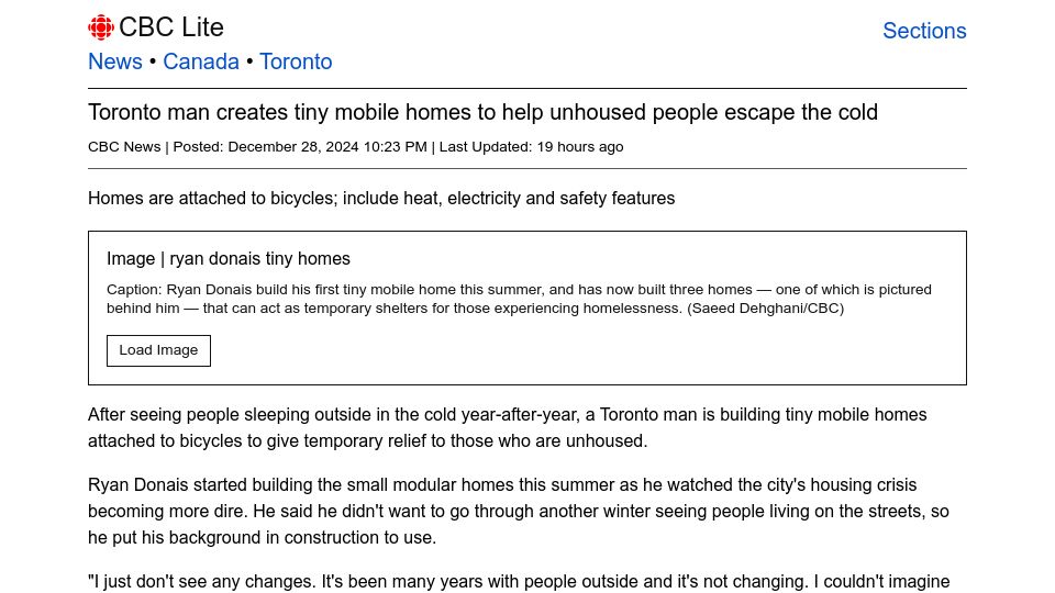 Screenshot of cbc.ca: Toronto man creates tiny mobile homes to help unhoused people escape the cold