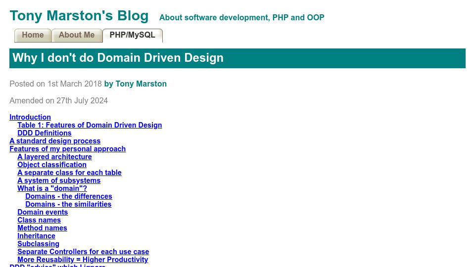 Screenshot of tonymarston.net: I don't do Domain Driven Design