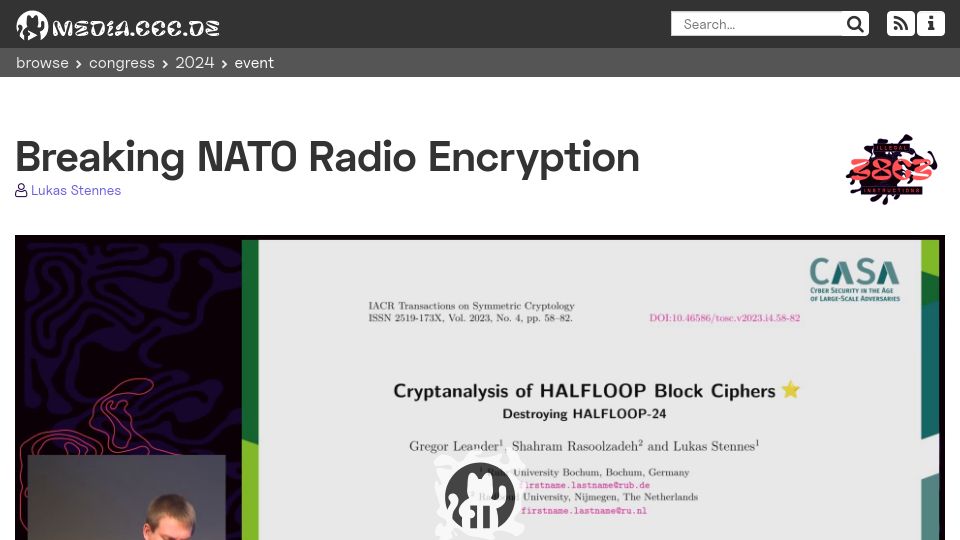 Screenshot of media.ccc.de: Breaking NATO Radio Encryption [video]