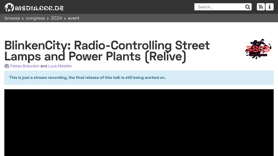 Screenshot of media.ccc.de: 38C3: Blinkencity, radio controlling street lamps and power plants [video]